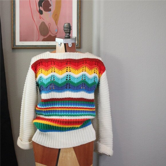 Vintage 70's Rainbow Open Knit Sweater - Picture 1 of 4